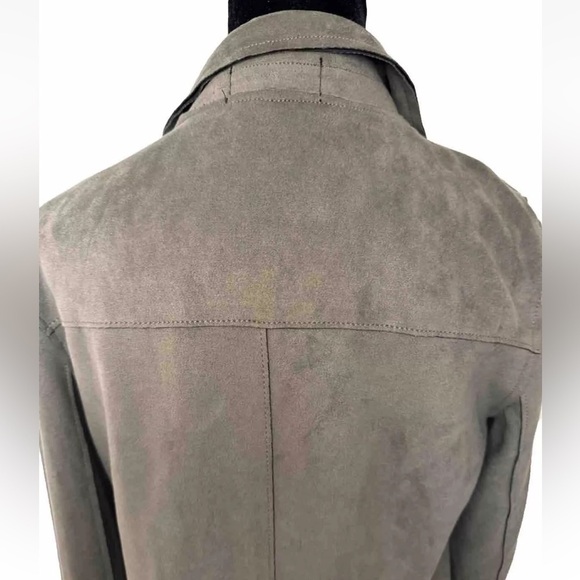 Premise Faux Leather Jacket Sz S Gray Green Open Front Minimalist Long Lines EUC - Picture 9 of 13